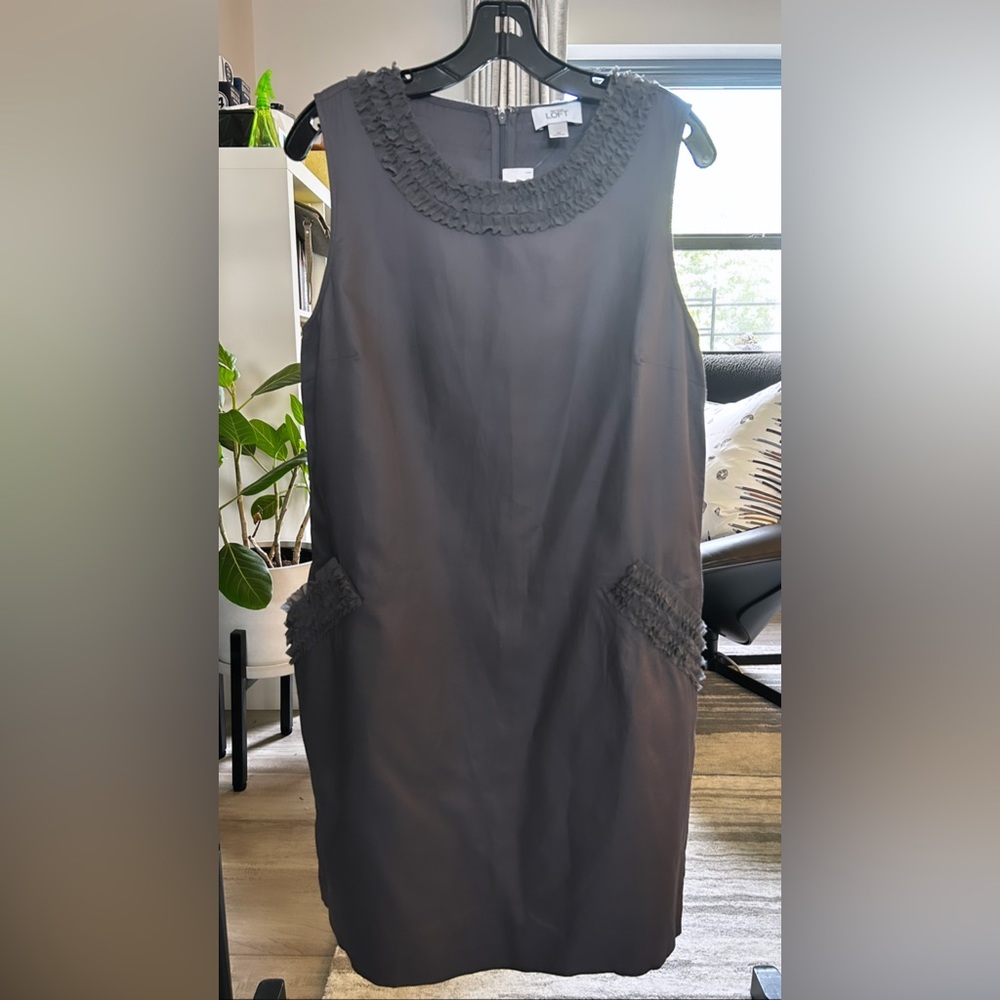 NWT Loft Gray Ruffle Trim Sheath Dress